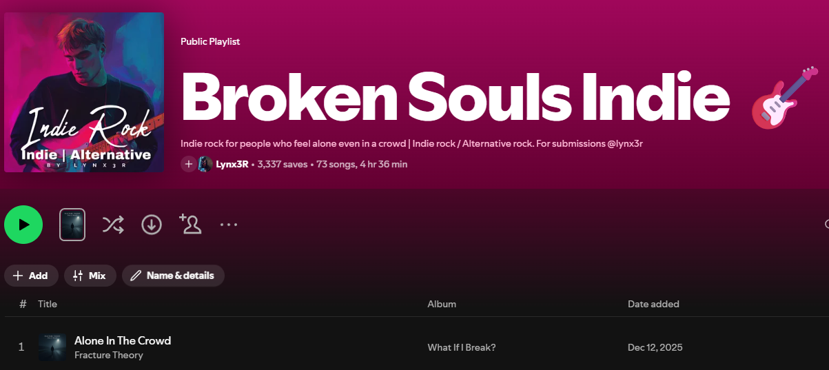 Broken Souls Indie playlist built for Fracture Theory